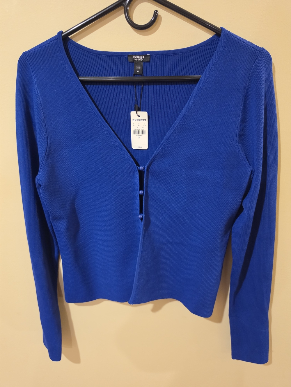 Express Women's Electric Blue Ribbed Body Contour V-Neck Button Cardigan